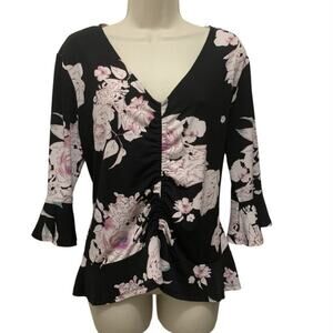 Candie’s XL Y2K Black Floral Ruched V Neck Ruffle Hem Top Coquette Romantic